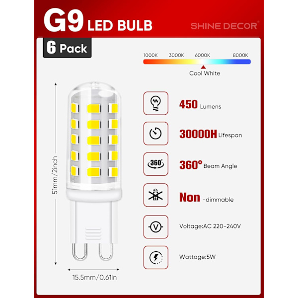 G9 LED-pære, 5W kald hvit 6000K, 450LM, tilsvarer 50W halogen, egnet for pendellamper taklamper vegglamper 6-pakning Model 1 Cool White