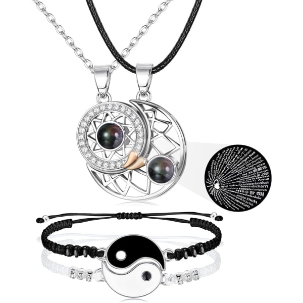 Matching Necklace Bracelet Set for Couple BFF, 100 Languages I Love You Magnetic Sun&Moon Projection Necklaces Ying Yang Bracelets Adjustable Couple