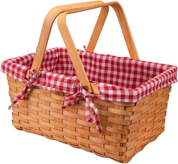 Picknickkorg Naturlig Split Shopping Förvaringskorg Vävd Korg Förvaring med Dubbla Vikbara Handtag, Rosa Foder Natural & Red