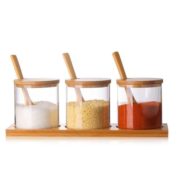 Set med 3 kryddburkar i glas med lock och bambubas, 300 ml
