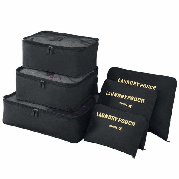Pakkeposer til rejsearrangør, 6 stk. rejsepakkerisæt til tøj Rejsebagagearrangører Opbevaringsposer (sort)