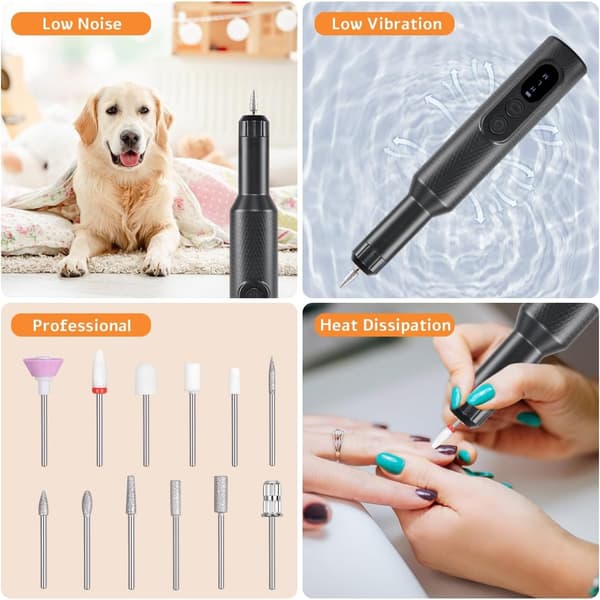 Electric Nail Drill Machine, Cordless Nail File Machine with 12 Nail Drill Bits, Portable Nail File Set with Wireless Charging Base