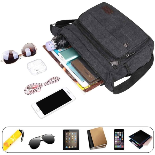 Vanntett Messenger Skulder Bag 13 Tommer, Multi Lommer Canvas Crossbody Bag for Menn, Casual Lettvekt Satchel Bag for Utendørs Fiske Campin Black