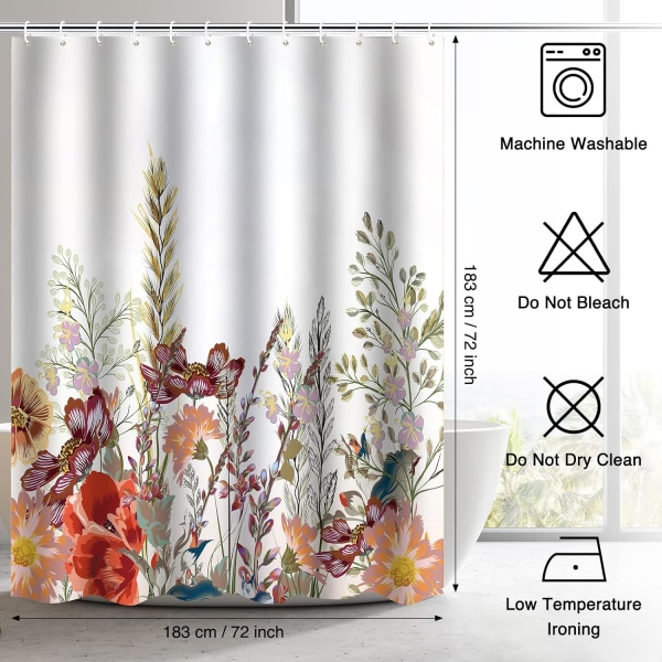 Dusjforheng, Baderomsforheng med 12 kroker, Vanntett polyesterstoff Badekarforheng, Vektet kant, Vaskbar, Hurtigtørkende, Mugg- og muggbeskyttelse Floral
