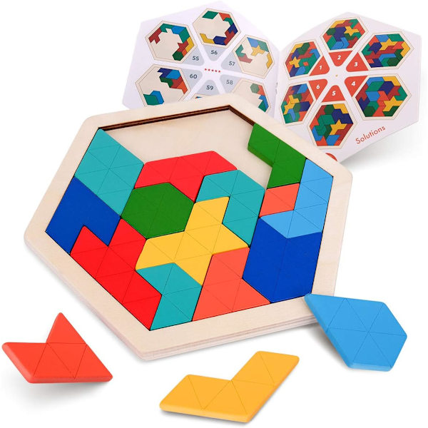 Puinen Lasten Palapeli - Kuusikulmainen Muotokuvio Tetris-Palikka Tangram Logiikka IQ-Peli STEM Montessori Aivojumppa Leikki Lelulahja Teineille