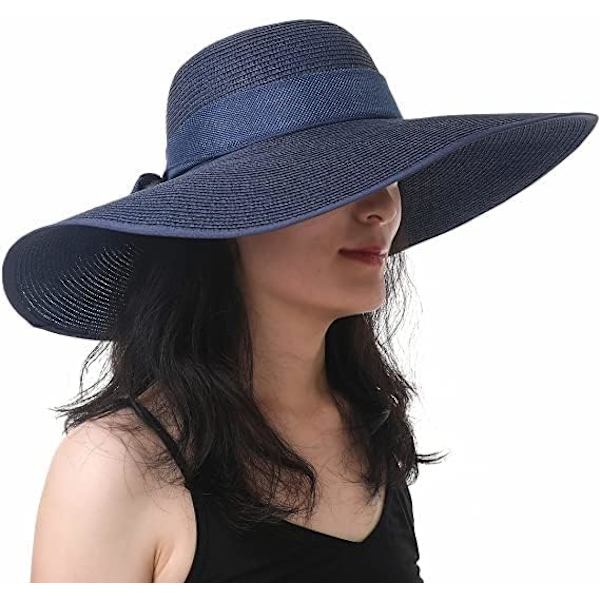 Kvinner Foldable Floppy Bred Brede Brede Solhatt Sommer Strandhatt UV UPF 50+ 02Style Bowknot Navy