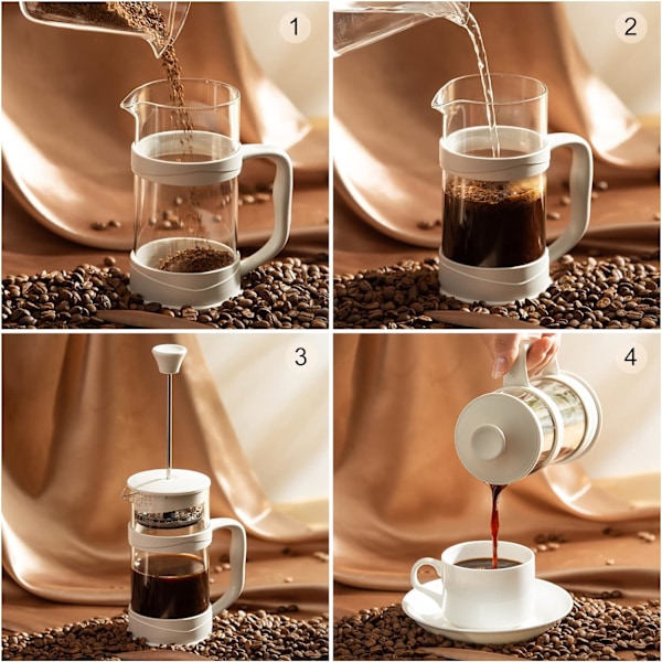 Fransk Press Kaffe/Te-maskine, Camping Mini Kaffe/Te-presse af 304 Rustfrit Stål Filter og Varmebestandigt Glas, Koldbrygget Kaffe-maskine 11,8 White