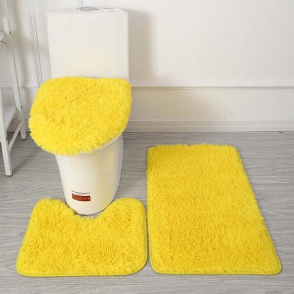 Ensfarvet badeværelsestæppesæt 3 stykker blødt, absorberende skridsikkert bademåtte Tæpper og toiletlåg Betræk Vaskbar, gul