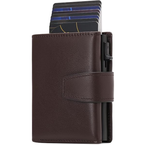 Kredittkortholder RFID-blokkering Minimalistisk Trifold Herre Lommebøker Automatisk Pop Up Metallveske med ID-vinduer og glidelåslomme Brown Plain