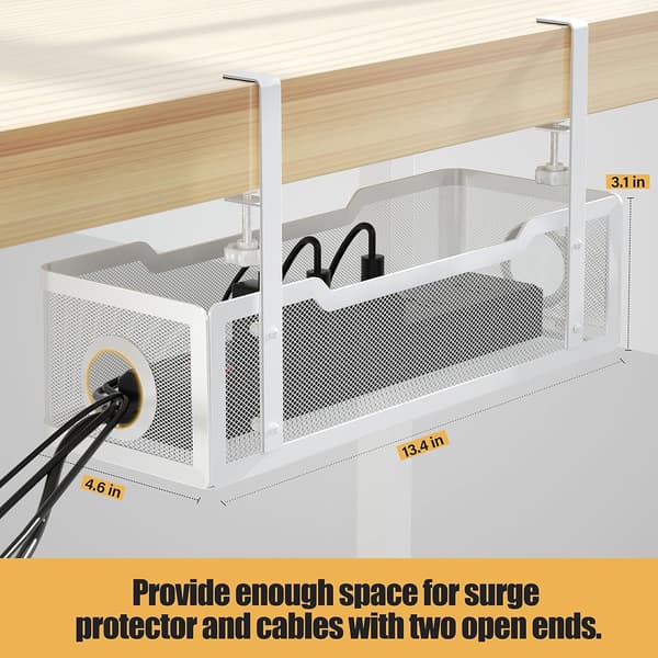 Cable Management Under Desk No Drilling, Cable Tray with Clamp for Office, Home - No Damage to Desk, White