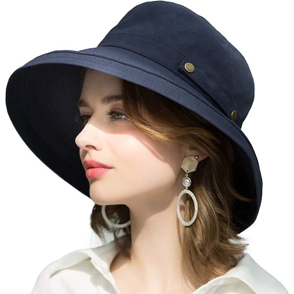 Solhattar med bred brättad bomull för damer Upf50+ Uv-packbar strandhatt cap för resor Knapp-mörkblå
