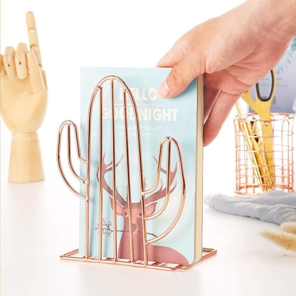 Bookends, Bookends, Geometric Metal Bookends for Shelves Decorative Bookends, Gold Cactus Design Bookends