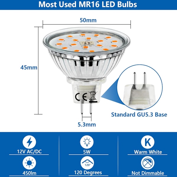 10x 5W GU5.3 LED-pære, MR16 LED-pære Varm hvid 3000K, 450lm Lys stærk energibesparende pære Eqv.45W Halogen 12V Bi-Pin LED-spotpære Warm White 10 Count (Pack of 1)
