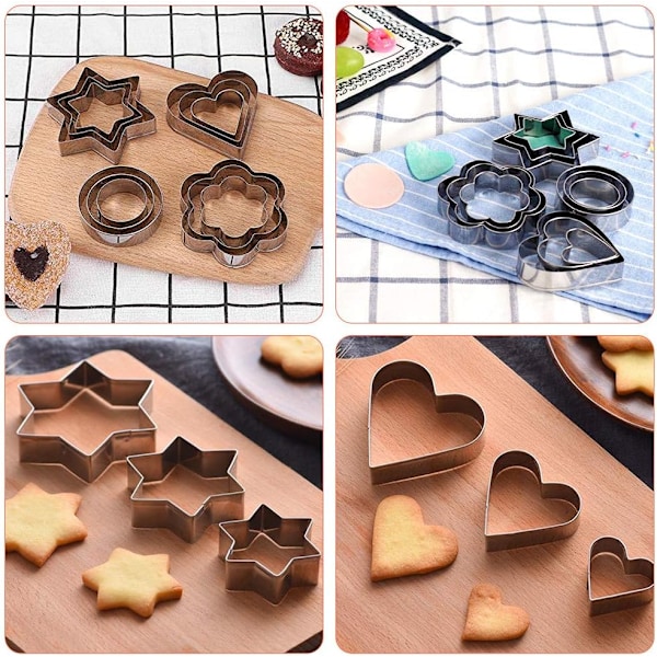 12 stk Kakeutstekersett, Mini Geometriske Kakeutstekere i Rustfritt Stål Former Hjerte Stjerne Sirkel/Rund Blomst Form for Kjeks Bakverk Baking Fon Silver