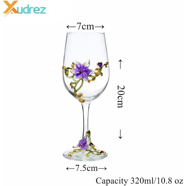 Håndmalede emaljerede blomster blyfri vinglas, 320 ml/10,8 OZ røde/hvide krystalvinglas (lilla bægerlilje) Purple Cup Lily
