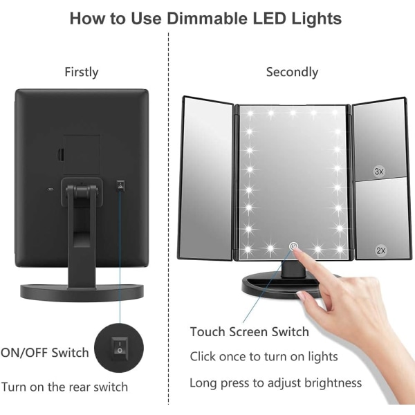 Lighted Makeup Mirror med 21 LED-lys, dobbel strømforsyning 2X/3X forstørrende LED, justerbar lysstyrke og vinkel (svart) Black