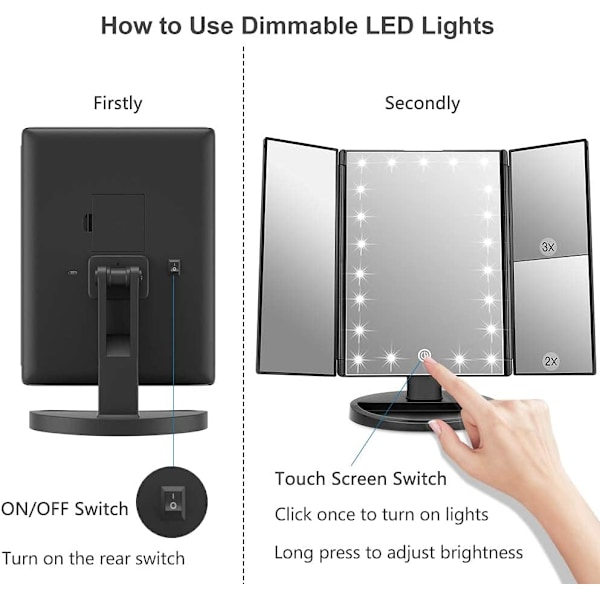 Valaistu meikkpeili 21 LED-valolla, kaksoisvirtalähde 2X/3X suurentava LED, säädettävä kirkkaus ja kulma (musta) Black
