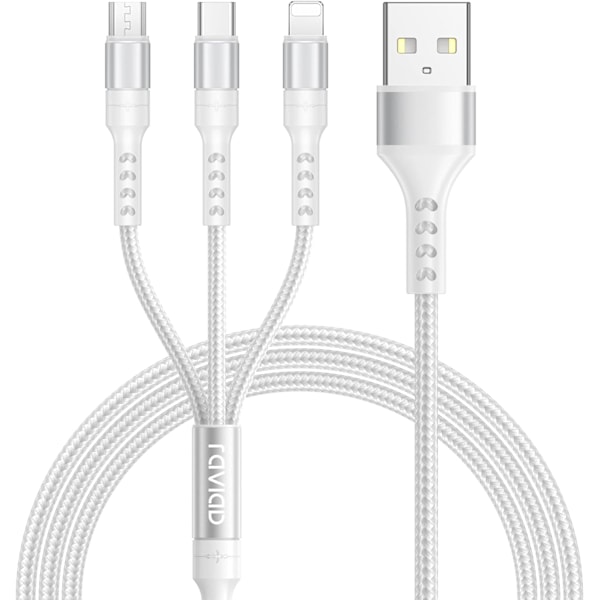 Multiladdningskabel, 3 i 1 laddningskabel [1,2 m] Flera USB-kablar i nylonfläta med Micro USB Type C Lightning-kabelkontakt för Android Sams Silver 1.2M
