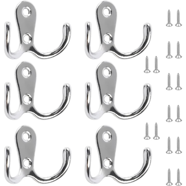 6 st dubbelkrok för klädhängare Dubbla klädkrokar för dörr med 16 st skruvar Kromväggmonterade krokar för att hänga hatt slips kläder handduk metall retro Cl Chrome,silver