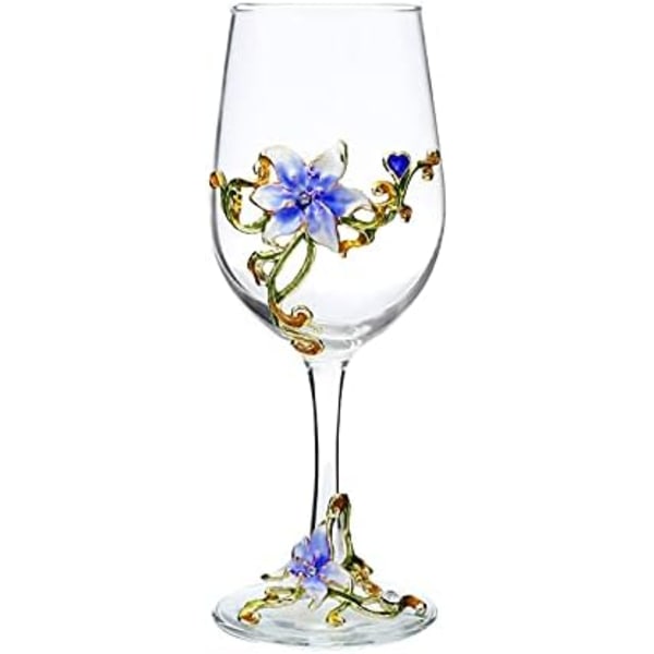 Malte emaljeblomster blyfrie vinglass, 320 ml/10,8 OZ røde/hvite krystallvinglass (blå kopplilje)