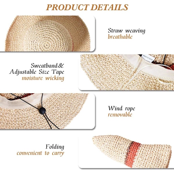 Solhatt Floppy Halmhatt Bred Brätte Fällbar UV-skydd Hink Sommar Strandhatt för Flickor Kvinnor Beige One Size