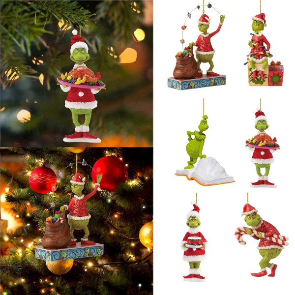 6 STK juletræspynt, 2023 juledekoration træ vedhæng Sjov sød akryl vedhæng Grøn monster juledekoration til hjemmefest