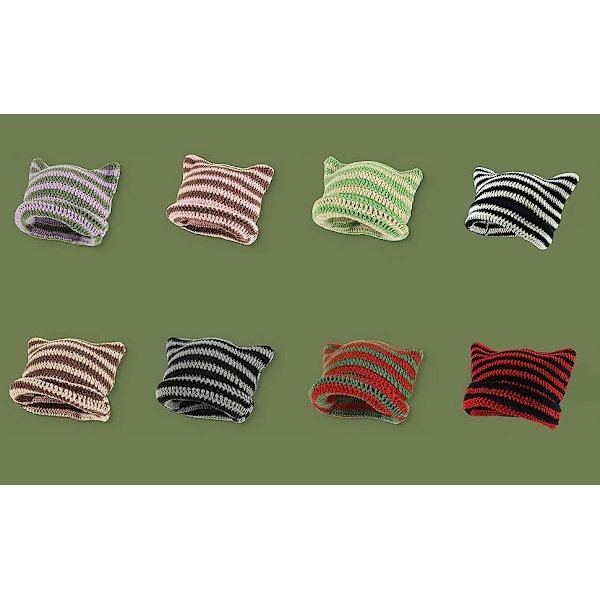Dam Cat Beanie Stickade Hattar Med Öron Stickade Randiga Vinter Varma Slouchy Elastisk Mössa För Flickor Vuxna Barn Brown khaki One size