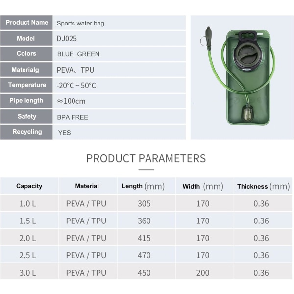 Lekkasjesikker hydreringsblære, 1,5/2 liter BPA-fri vanntank, erstatning for hydreringsryggsekk, sportsreiseservoir egnet for utendørs Green 2L