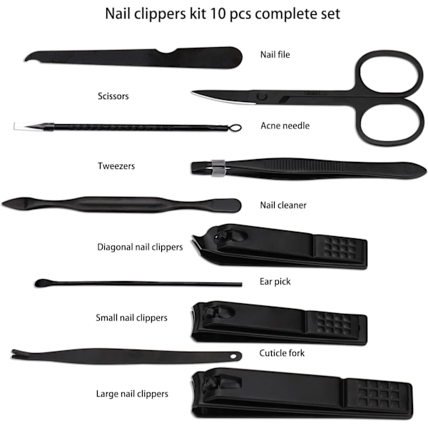 Manikyrset Nagelsax Kit Professionella Rostfria Nagelvård Verktyg med Läder Resväska 10 i 1 Svart