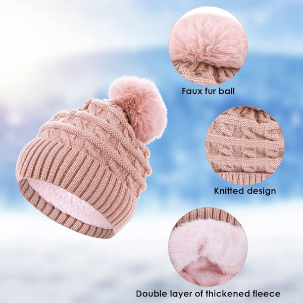 Vintermössa för kvinnor, stickad mössa med fleecefoder, varm mössa med konstpälsboll Pink One size