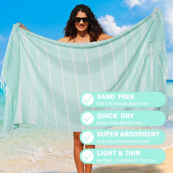 2-pack turkiska bomullsstrandhanddukar, lätta, absorberande, snabbtorkande, badrums-, bad-, pool-, simhanddukar, extra stora, sandfria handdukar, strandtillbehör 2 Pack Stripes Blue Aqua