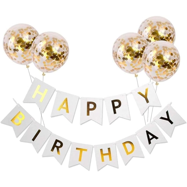 Happy Birthday Banner Birthday Bunting with 5 Gold Confetti Latex Balloons Perfect for Birthday Party Decorations - White