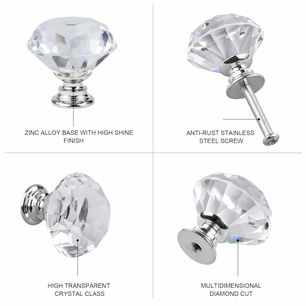 15 Pakke 30mm Krystall Glass Dør Knapper Diamant Kutt Skuff Håndtak for Skap Garderober Skuffer Hjemmedekorasjon med Skruer (Sølv)