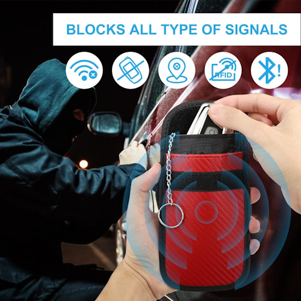 Faraday-pose for bilnøkler, [2-pakning] Diyife bilnøkkel RFID-signalblokkerende pose med krok for å sikre nøkkelring, vanntett Faraday-nøkkelbeskytter, A Red