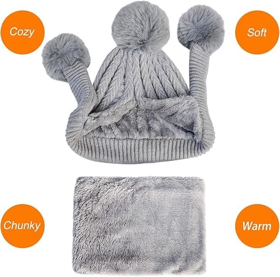 Women's Winter Hat Circle Scarf Set Ski Earmuffs Beanies Double Layer Fleece Lined Pom Poms