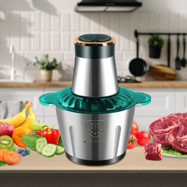 Elektrisk kjøttkvern, multifunksjonell 2-trinns mathakker med 3L rustfritt stålbeholder og kniver, 110W manuell grønnsakshakker, blender, for Green