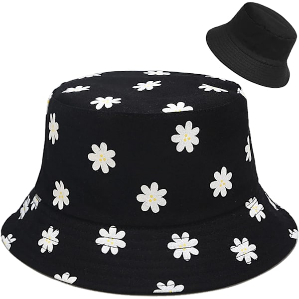Söpö ämpärihattu rannan kalastajille naisille, kääntyvä kaksisuuntainen käyttö Flower Black