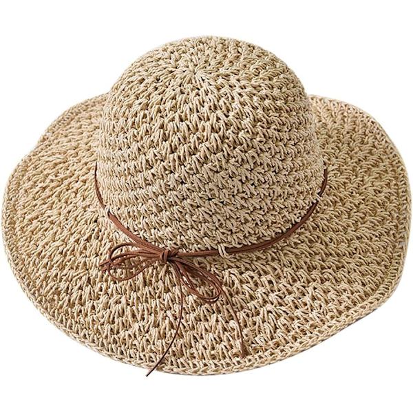 Solhatt i halm för kvinnor, damer, hopfällbar, bredbrättad, med rosett, justerbar, strandhatt, elegant hinkhatt, UPF 50 UV-skydd, bekväm Beige One Size