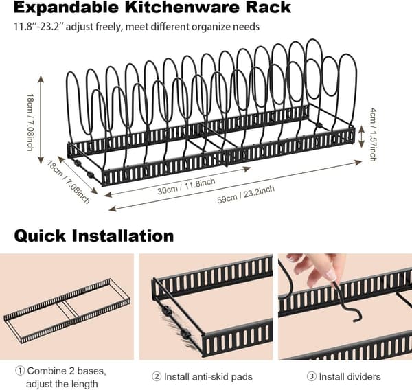 Pot and Pan Organizer for Kitchen Drawer, Lid Organizer with 14 Adjustable Compartments, Black