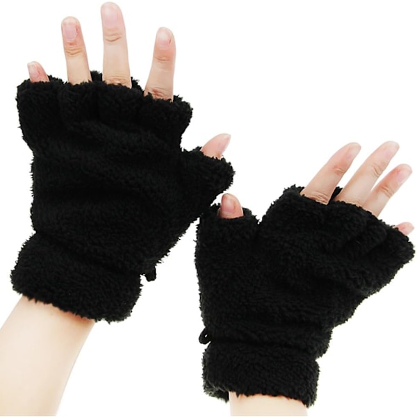 Vinterhandskar för flickor, söta tecknade djurklövar, halvfinger, tjocka & varma, mjuka plysch, korallfleece, snöre, vantar Black