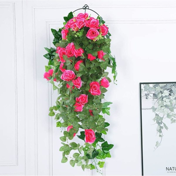 Sæt med 2 kunstige roser blomsterkurv vin falsk hængende kurv plante vin falsk silke slæbende blomst til have balkon hegn udendørs indendørs doo 1b Pink Red