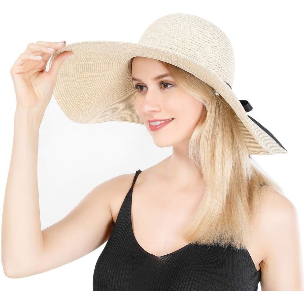 Damebred Strawhat med Bred Skygge, Foldbar, Rulbar, Strandhat, Solhat, UPF 50+ Style Lbeige