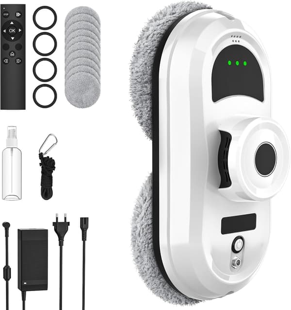 Automatic Window Cleaning Robot with 5600 Pa Suction Power, Intelligent Navigation, Remote Control, Edge Detection, and Safety Mode.