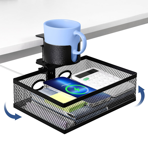 360 Graders Drejelig Under-Skrivebords Skuffe, 2 i 1 Skrivebordsarrangør med Kopholder, Blyantsholder, Mesh Metal Bordskuffe, Skridsikker Arrangerer til Ho