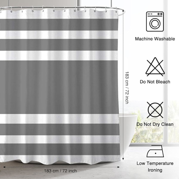 Bruseforhæng Skimmelresistent, Vandafvisende Hurtigtørrende Polyesterstof Badeforhæng med 12 Kroge, Vægtede Kant, 183x183 cm, Grå Stribet Bat Grey Stripe
