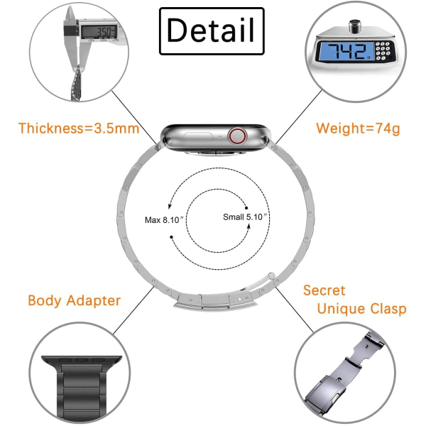 Armband i titan, metallrem med sköldpaddsspänne, kompatibel med Apple Watch Series 9/Ultra 2/SE/8/7/2023, 38mm/41mm/40mm, Silver