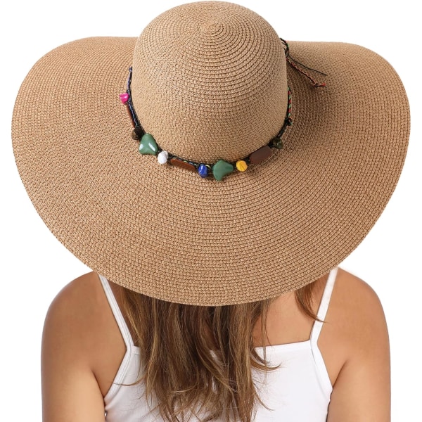 Dame Bredskygget Solhat i Halm - Sammenfoldelig Rullehat til Strand og Sol - UPF 50+ Rainbow Beadkhaki