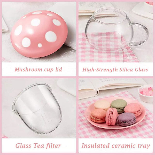 Entonic Sød Svampe Glas Tekop med Infuser og Ske, Klar Kawaii Tekande med Si Filter, Keramisk Låg og Coaster, Varmebestandig Yellow 4 Piece set