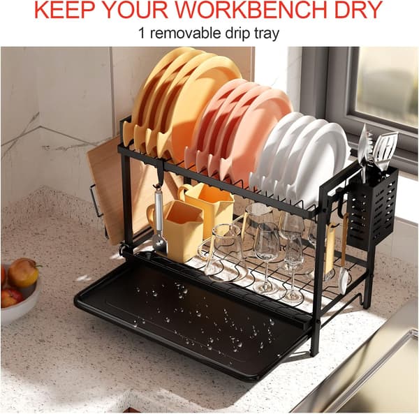2-Tier Black Dish Drying Rack Over Sink with Removable Drip Tray and Cutlery Holder