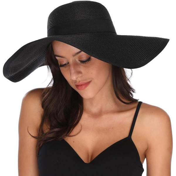 Damhatt i Halm med Bred Brätte, Vikbar, Rullbar, Strandhatt, Solhatt, UPF 50+ Style Cblack